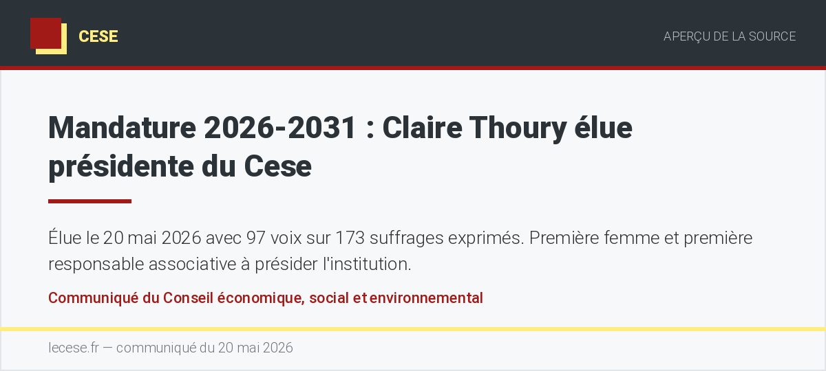 Aperçu du communiqué du Cese annonçant l’élection de Claire Thoury