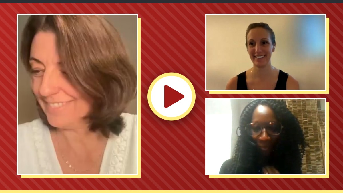 Replay du webinaire BPW Europe : Mariane Pontone souriante avec les deux animatrices de BPW France, bouton lecture